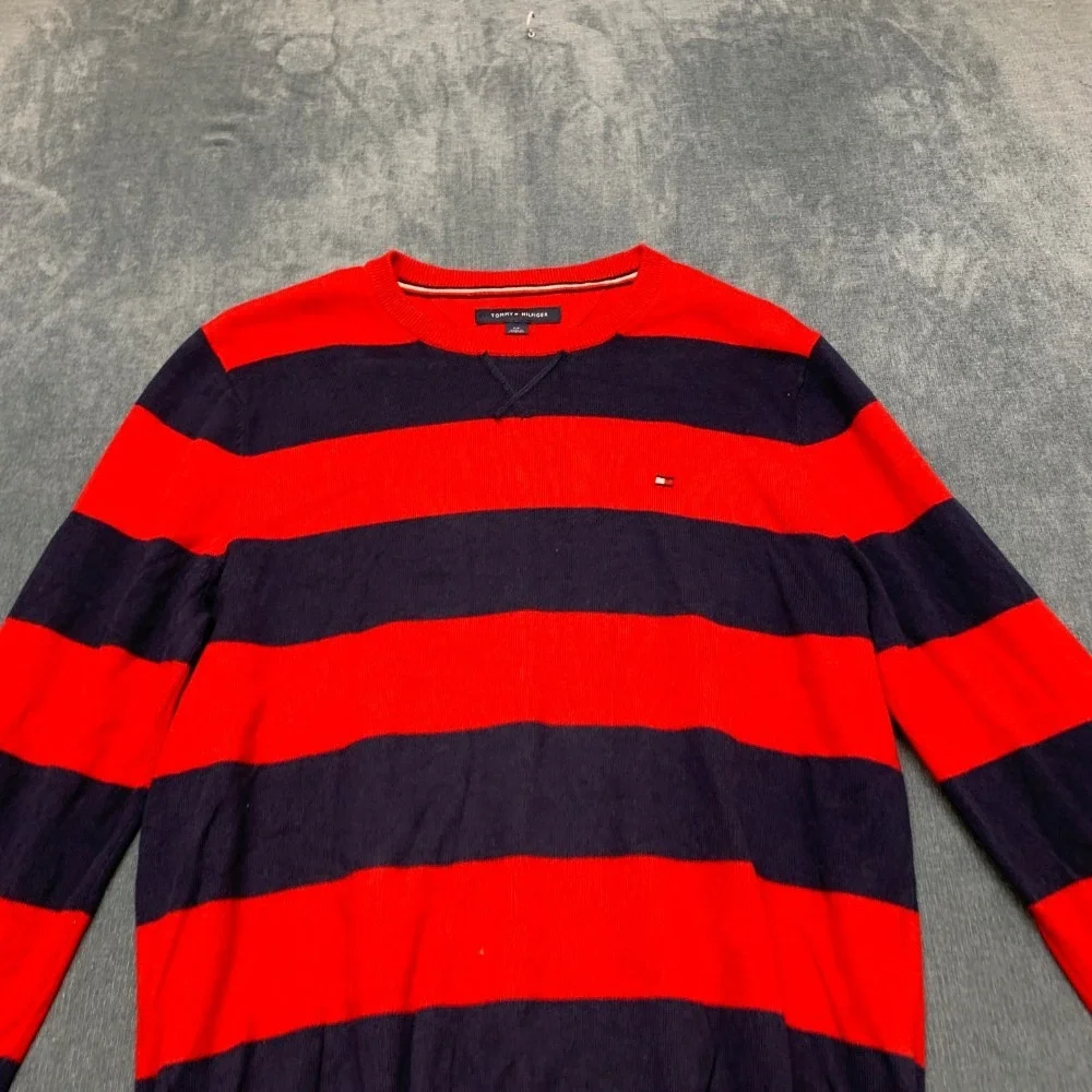Tommy Hilfiger Sweater Mens Small Navy Blue Red Striped Cotton Tight Knit Winter